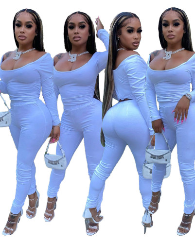 Solid White Long Sleeve Fitted Two Piece Pants Set