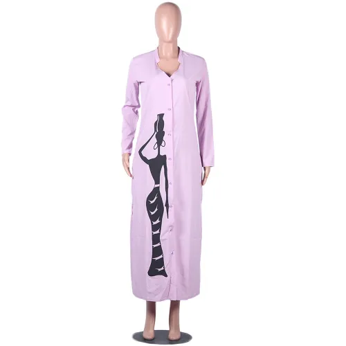 Print Purple Button Long Shirt Dress