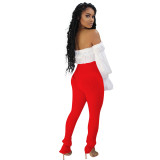 Bell Sleeve Top & Red Slit Knit Pants Set