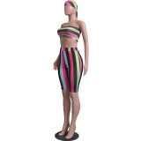 Striped Two Piece Shorts Set with Head Scarf
