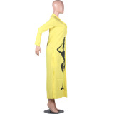 Print Yellow Button Long Shirt Dress