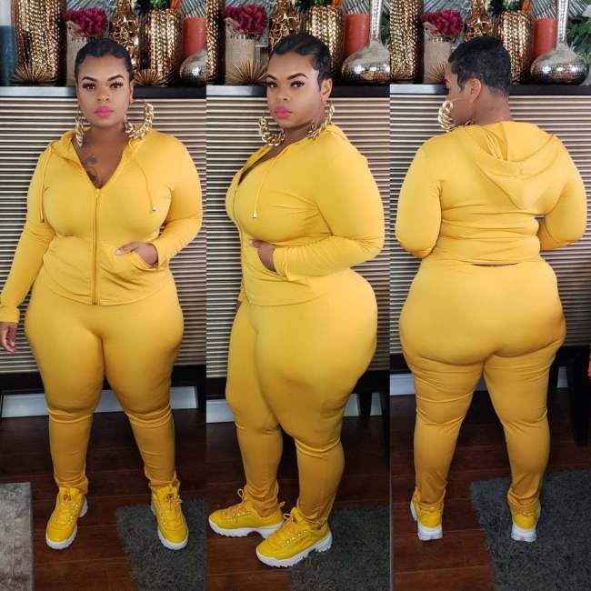 Yellow Plus Size Solid Tracksuit