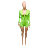 Green Lace Up Sexy Hooded Romper