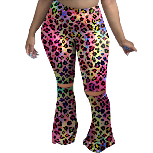 Plus Size Colorful Leopard Ripped Print Pants