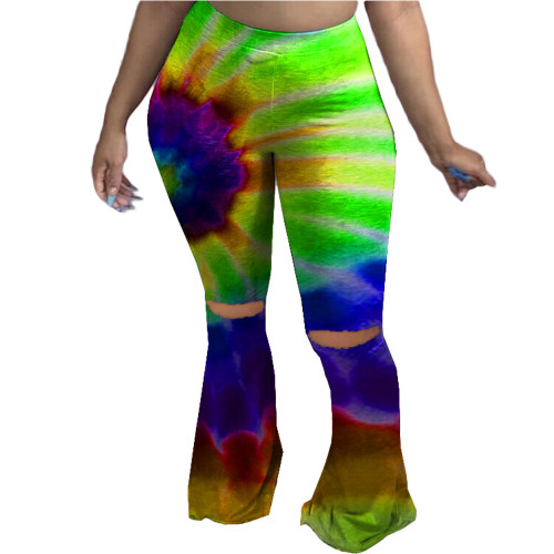 Plus Size Neon Tie Dye Ripped Print Pants