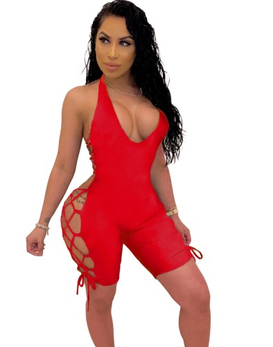 Red Criss-cross Straps Sleeveless Fitted Rompers
