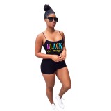 Black Sports Letter Print Fitness Cami Rompers