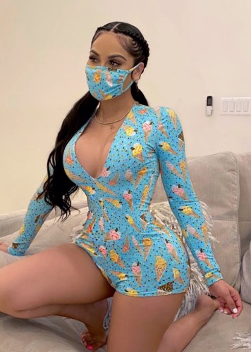Blue Print Plunging Neckline Long Sleeves Rompers with Mask
