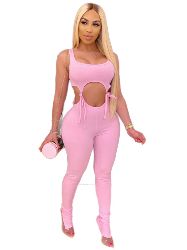 Pink Sleeveless Cut Out Straps Tight Jumpsuit