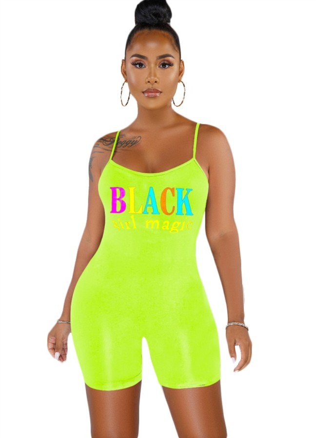 Green Sports Letter Print Fitness Cami Rompers