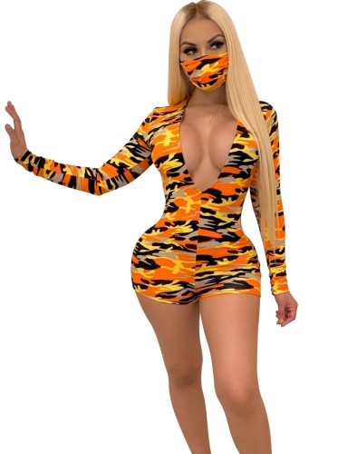 Orange Plunging Neckline Print Long Sleeves Rompers with Mask