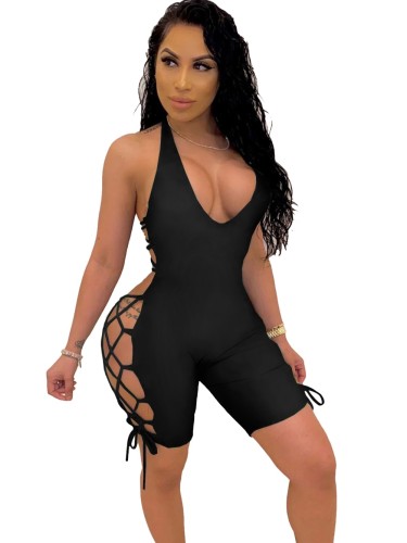 Black Criss-cross Straps Sleeveless Tight Rompers