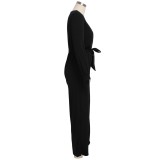 Black Surplice Long Sleeve Belted Jumpsuit