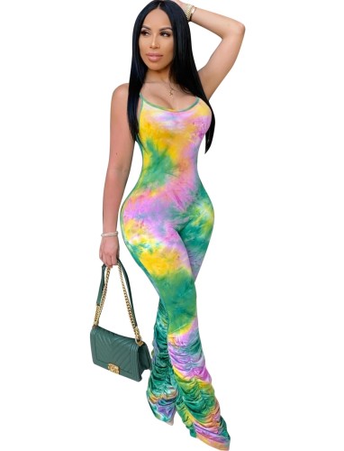 Green Tie Dye Straps Sleeveless Ruched Jumpsuit