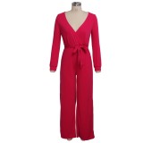 Rosy Surplice Long Sleeve Jumpsuit with Belt