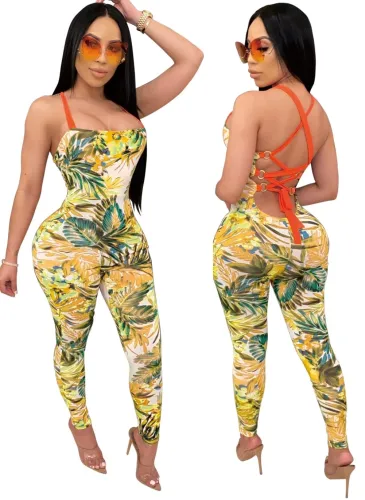 Yellow Tropical Print Crisscross Back Bodycon Jumpsuit
