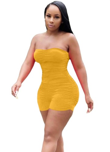 Yellow Strapless Ruched Rompers
