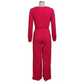 Rosy Surplice Long Sleeve Jumpsuit with Belt