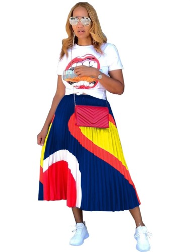 Blue Print Casual Top and Pleated Contrast Maxi Skirt