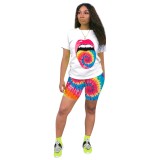Tie Dye Colorful Mouth Print Casual Top & Shorts