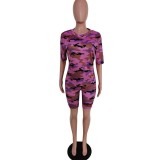 Purple Camo Print Casual Top & Shorts