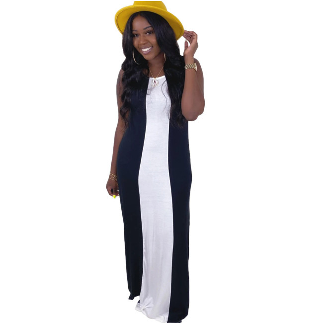 Colorblock Black & White Sleeveless Casual Maxi Dress