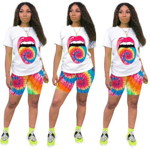 Tie Dye Colorful Mouth Print Casual Top & Shorts