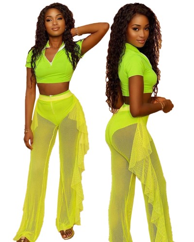 Neon Yellow Zip Crop Top Three Piece Mesh Frilled Pants Set