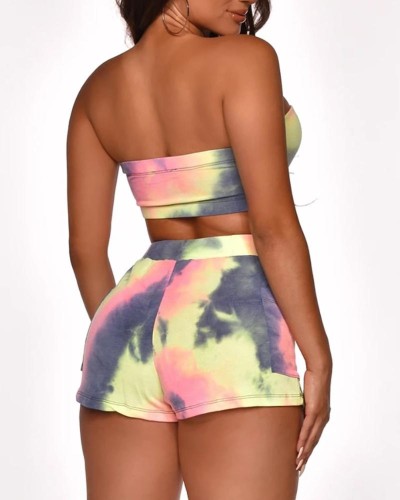 Tie Dye Colorful Crisscross Front Tube Top & Shorts