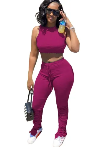 Burgundy Crop Top and Stacked Pants Set