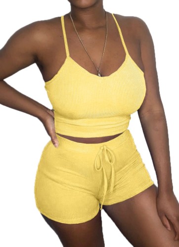 Yellow Leisure Spaghetti Straps Two Piece Shorts Set