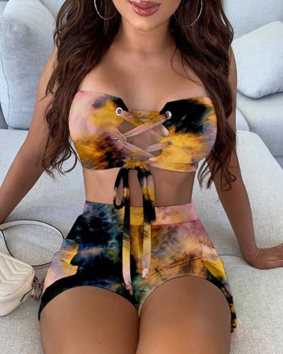 Tie Dye Colorful Crisscross Front Two Piece Tube Top and Short Set