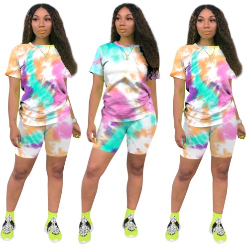 Tie Dye Colorful Casual Two Piece Shorts Set