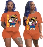 Orange Cartoon Print Casual Top & Shorts