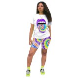 Tie Dye Multicolor Mouth Print Casual Top & Shorts