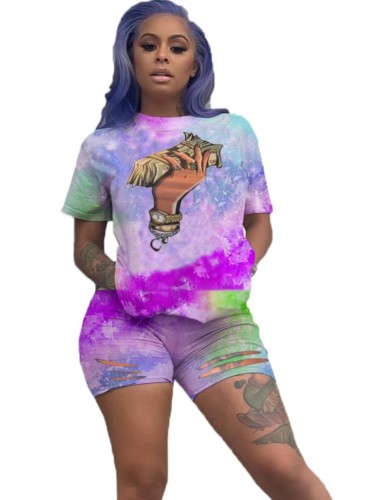 Tie Dye Purple Print Casual Top with Ripped Shorts