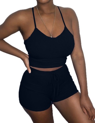Black Leisure Cami Top and Drawstring Shorts