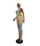 Tie Dye Yellow Sleeveless Ruched Two Piece Pants Set