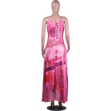 Dolllars Print Hot Pink Loose Straps Maxi Dress