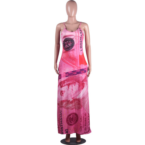 Dolllars Print Hot Pink Loose Straps Maxi Dress