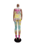 Tie Dye Yellow Sleeveless Ruched Two Piece Pants Set