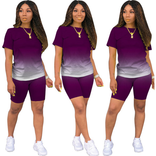Gradient Purple Casual Two Piece Shorts Set