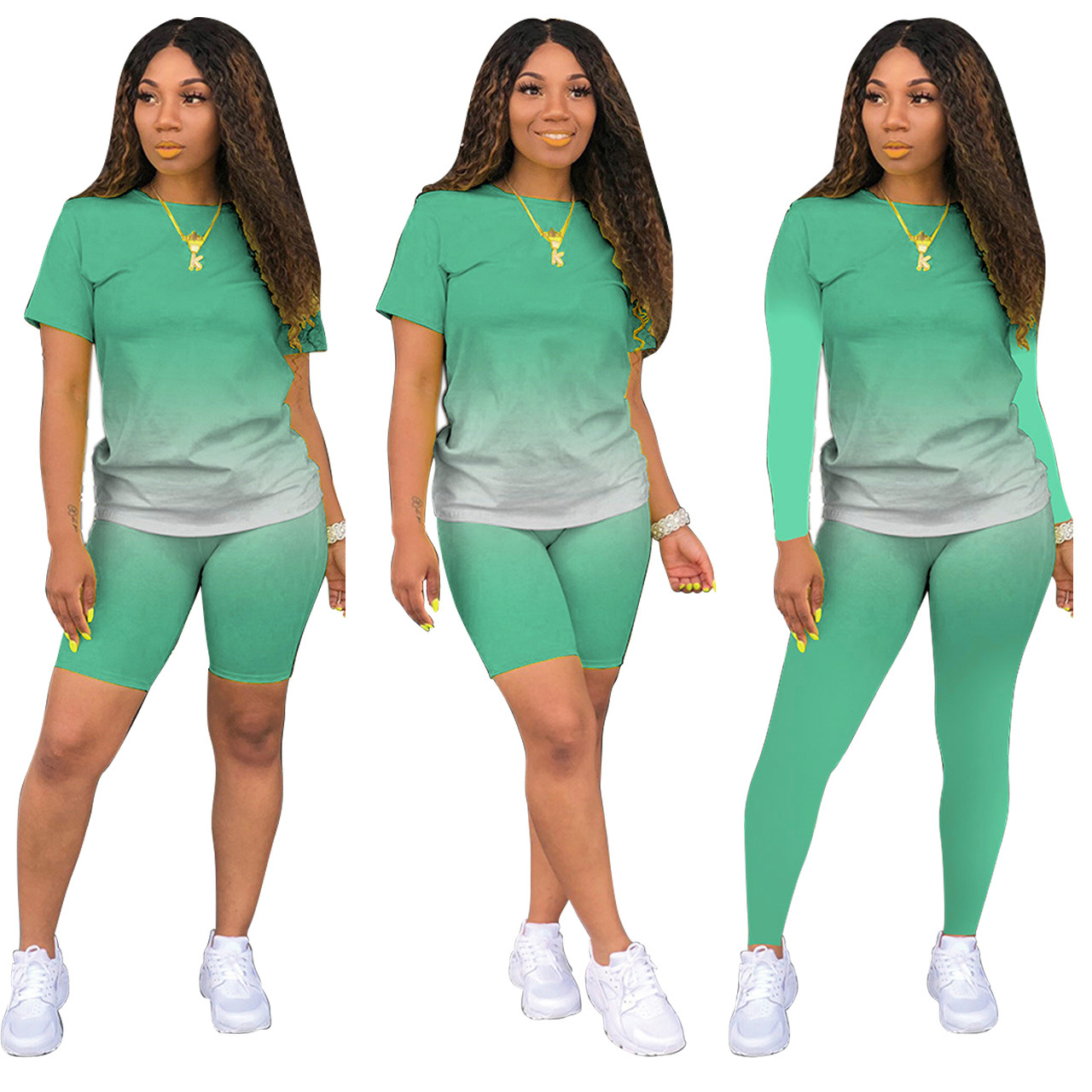 Copy Gradient Bright Green Casual Two Piece Shorts Set On Sale For US ...