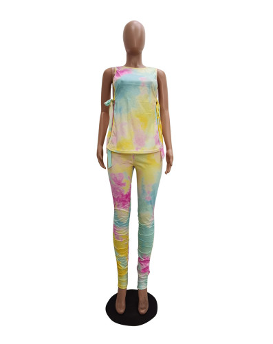 Tie Dye Yellow Sleeveless Ruched Two Piece Pants Set