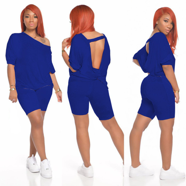 Backless Blue Two Piece Shorts Set
