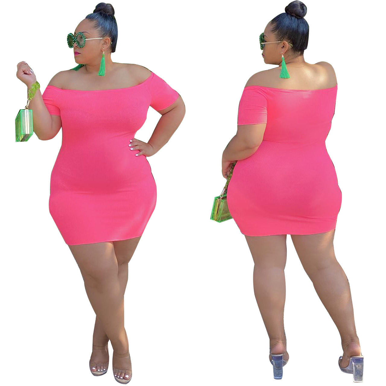 Solid Color Hot Pink Plus Size Bodycon Dress On Sale For US$ 6.07 -  www.lover-pretty.com