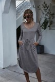 Autumn Round Neck Long Sleeve Drawstring Slit Long Dress