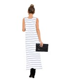 White Striped Slit Sleeveless Casual Long Dress