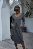 Dark Gray O-Neck Long Sleeve Drawstring Slit Long Dress