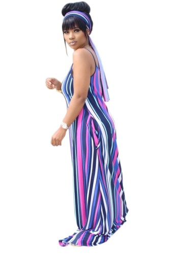 Colorful Stripes Belted Pocket Long Slip Dress